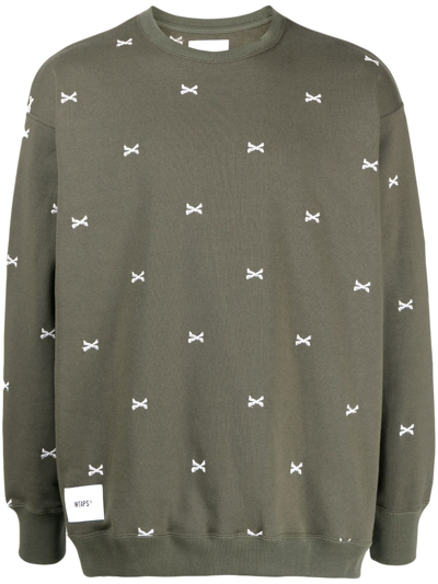 Wtaps Crossbone-embroidered Crew Neck Sweatshirt In Green