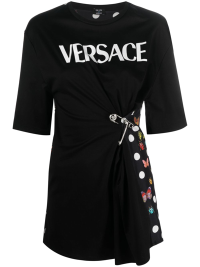 Versace Pin-tucked Jersey T-shirt With Silk Printed Back In Black