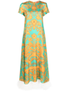 La Doublej Baroque-print Feather-trim Maxi Swing Dress In Blue