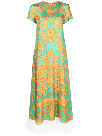 La Doublej Baroque-print Feather-trim Maxi Swing Dress In Green