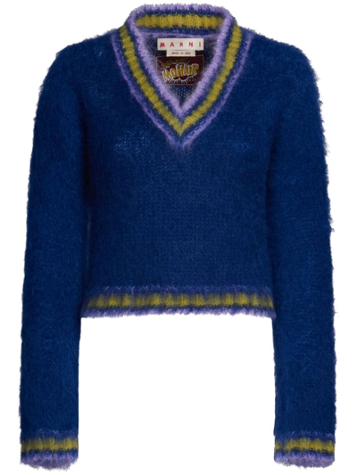 Marni Striped-trim Mohair-blend Jumper In Blue Blu E Verdi