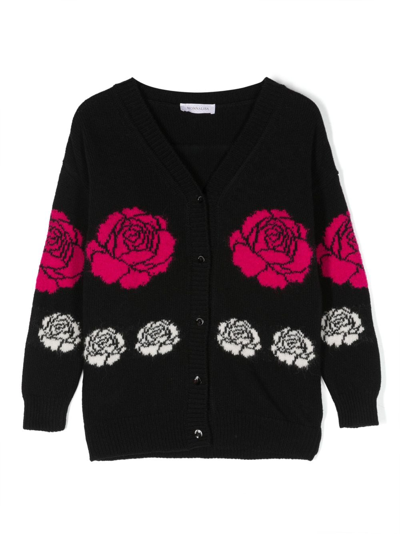 Monnalisa Kids' Patterned Floral-print Fine-knit Cardigan In Black