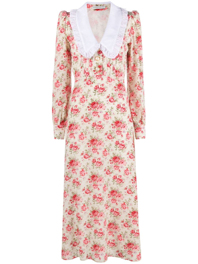 Alessandra Rich Womens Ivory Pink Floral-print Contrast-trim Silk Maxi Dress