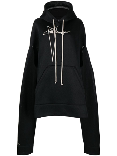 Rick Owens Logo-embroidered Pocketed Hoodie In Black