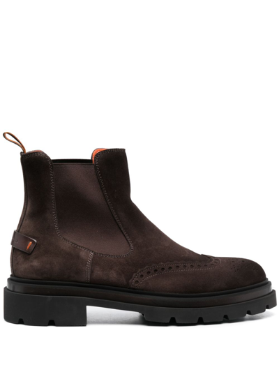 Santoni Brogue-detail Chelsea Boot In Brown