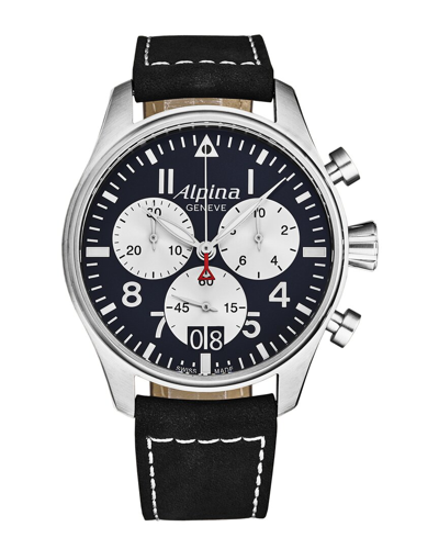 Alpina Men's Swiss Chronograph Startimer Pilot Black Leather Strap Watch 44mm