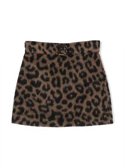 Balmain Kids' Leopard-print Mini Skirt In Tabacco/nero
