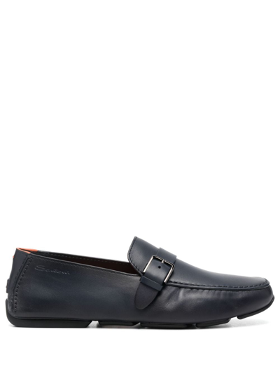 Santoni Buckled Leather Monk Shoes In Blue