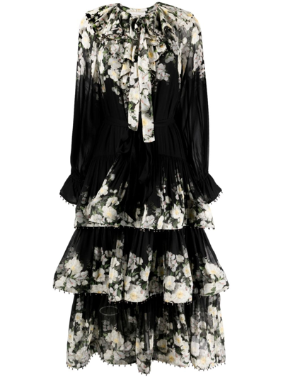 Zimmermann Coaster Floral-print Tiered Midi Dress In Black