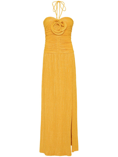 Rebecca Vallance Phaedra Appliquéd Gathered Metallic Recycled-lamé Gown In Marigold