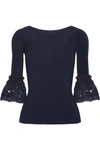 OSCAR DE LA RENTA CORDED LACE-TRIMMED RIBBED MERINO WOOL TOP