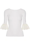 OSCAR DE LA RENTA CORDED LACE-TRIMMED RIBBED MERINO WOOL TOP