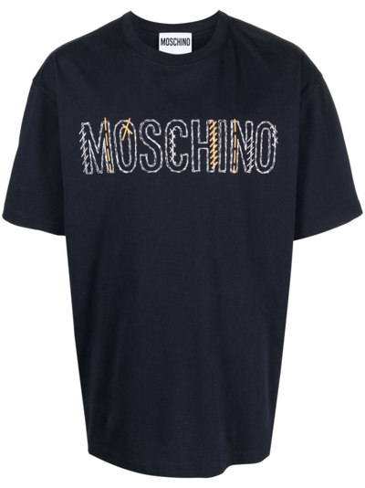 Moschino Logo刺绣棉t恤 In Blue