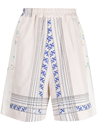 By Walid Floral-embroidered Linen Drop-crotch Shorts In Neutrals