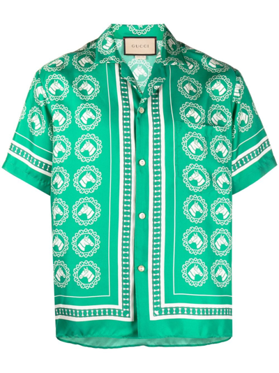 Gucci Aloha Bowling Shirt In Green,white