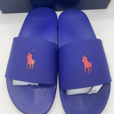 Pre-owned Ralph Lauren Polo  Signature Pony Men's Slides Royal/red Size 10d - In Box In Royalstarboard / Red