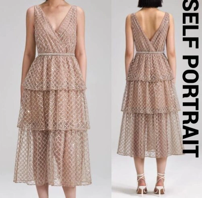 Pre-owned Self-portrait Tan Grid Sequin Tiered Dress Uk4,6,8,10,12 Auth 100% Pls Ask Size In Brown