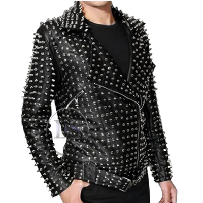 Pre-owned Handmade Men's Black Leather Silver Studded Leather Jacket, Studded Biker Jacket In Same As Shown In Picture