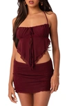 Edikted Halter Ruffle Handkerchief Hem Crop Top In Burgundy