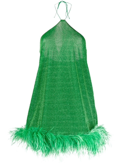 Oseree Lumière Feather-trimmed Metallic Stretch-knit Halterneck Mini Dress In Green