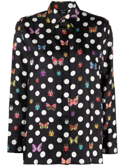 Versace Formal Button-front Silk Shirt With Polka Dot Print And Allover Butterflies In Black