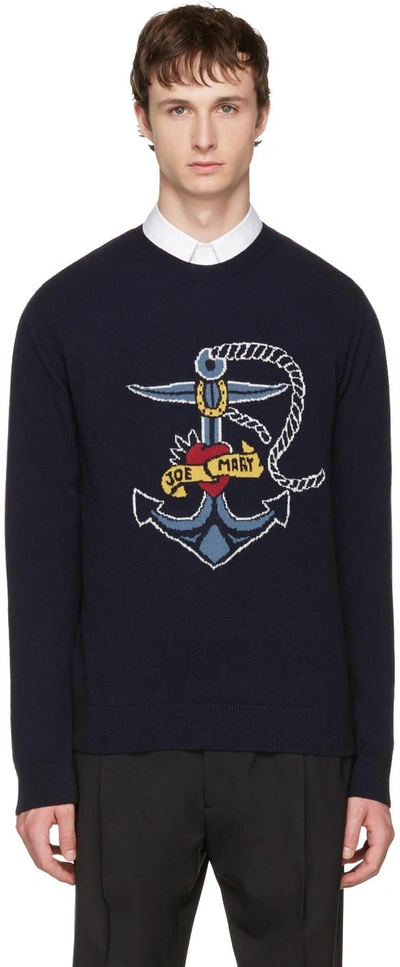 Valentino Tattoo Jacquard Wool Cashmere Sweater, Navy