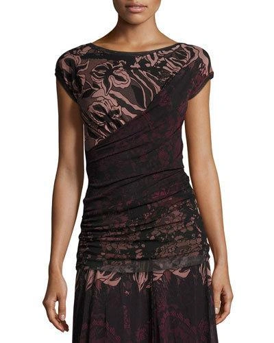 Fuzzi Cap-sleeve Floral Lace-print Top, Black/pink In Black Pattern