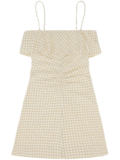 Ganni Gingham Check-print Ruffled Minidress In Neutrals