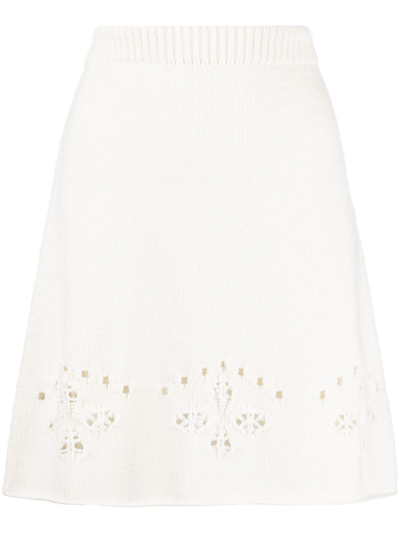 Chloé White A-line Knit Mini-skirt With Perforated Motifs In Wool Woman In Beige