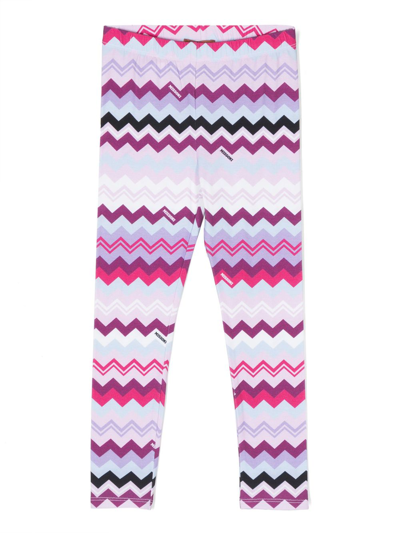 Missoni Kids' 人字纹印花棉质平纹针织紧身裤 In Pink