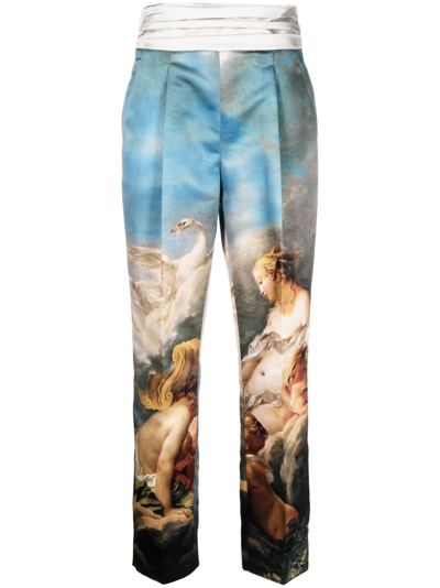 Roberto Cavalli Painting-print Silk Tailored Trousers In Light Blue