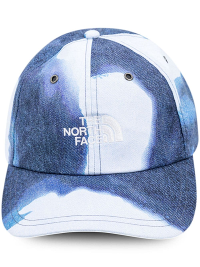 Supreme X Tnf Bleached Denim Print 6-panel Cap In Blue