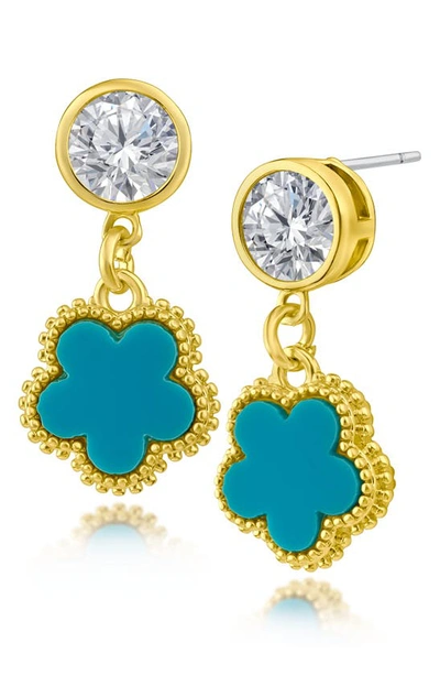 Cz By Kenneth Jay Lane Cubic Zirconia Clover Drop Earrings In Turquoise/ Gold