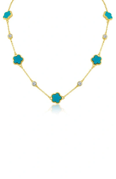 Cz By Kenneth Jay Lane Cubic Zirconia & Clover Station Necklace In Turquoise/ Gold