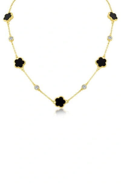 Cz By Kenneth Jay Lane Cubic Zirconia & Black Clover Station Necklace In Black/ Gold