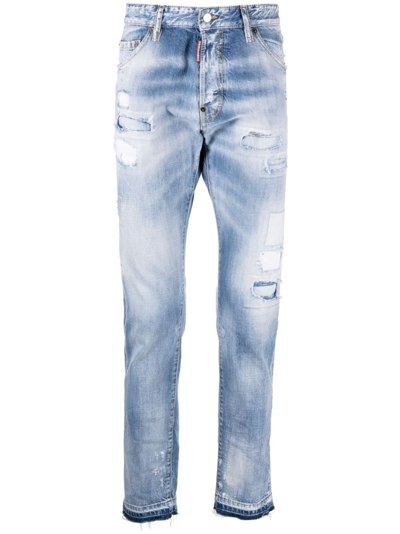 Dsquared2 Logo-patch Distressed Washed Jeans In Blau