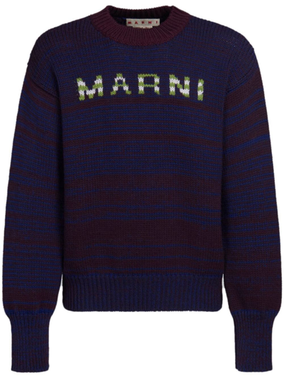 Marni Intarsia-knit Logo Virgin-wool Jumper In Blue