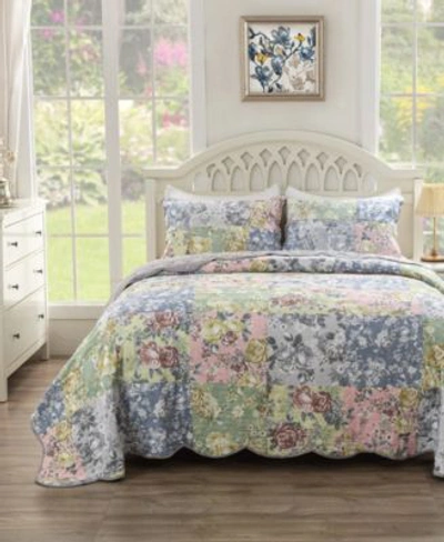 Greenland Home Fashions Emma Traditional Floral Print Quilt Set Collection In Gray