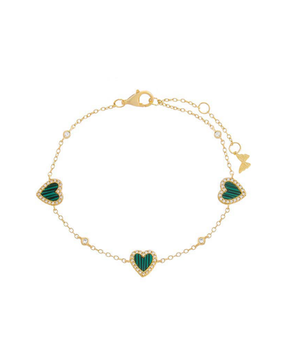 By Adina Eden Pave Heart Station Bracelet In 14k Gold Plated Sterling Silver In Green/gold