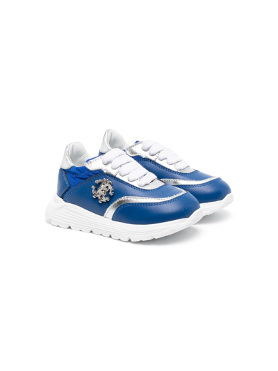 Roberto Cavalli Junior Kids' Logo-plaque Leather Low-top Sneakers In Blue