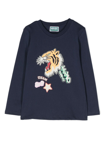 Kenzo Kids' Varsity Tiger-print Cotton T-shirt In Blue