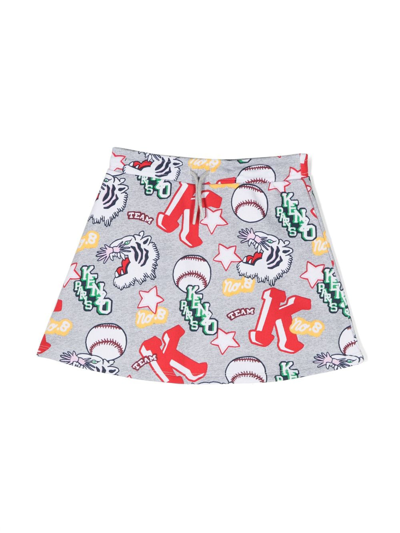 Kenzo Kids' Varsity Tiger-print Drawstring Skirt In Light Grey