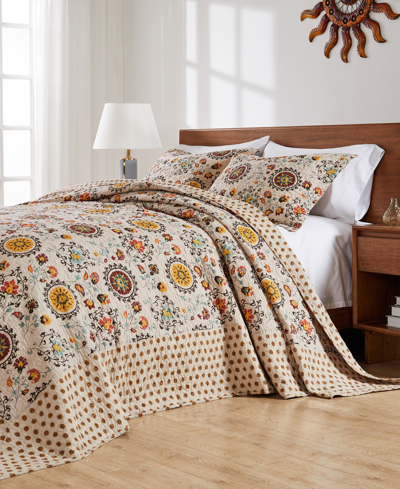 Greenland Home Fashions Andorra Suzani Boho 3 Piece Bedspread Set, Queen In Taupe