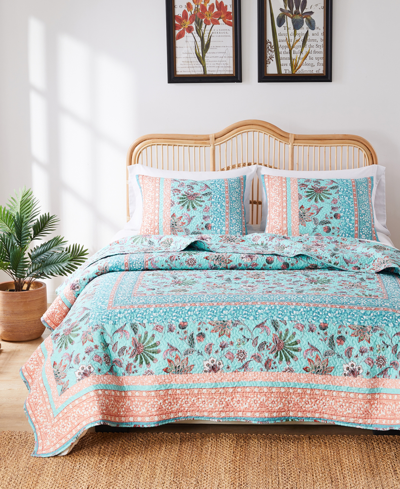 Greenland Home Fashions Audrey Floral Print 3 Piece Quilt Set, Full/queen In Turquoise