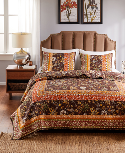 Greenland Home Fashions Audrey Floral Print 3 Piece Quilt Set, Full/queen In Chocolate