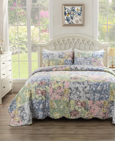 Greenland Home Fashions Emma Traditional Floral Print 2 Piece Quilt Set, Twin/xl In Gray