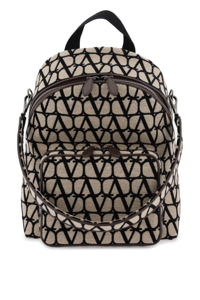 Valentino Garavani Toile Iconographe Backpack In With Leather Detailing In Beige,black,brown