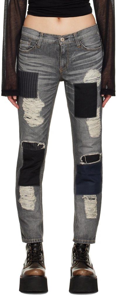 Junya Watanabe Patchwork Distressed Straight-leg Jeans In Grey