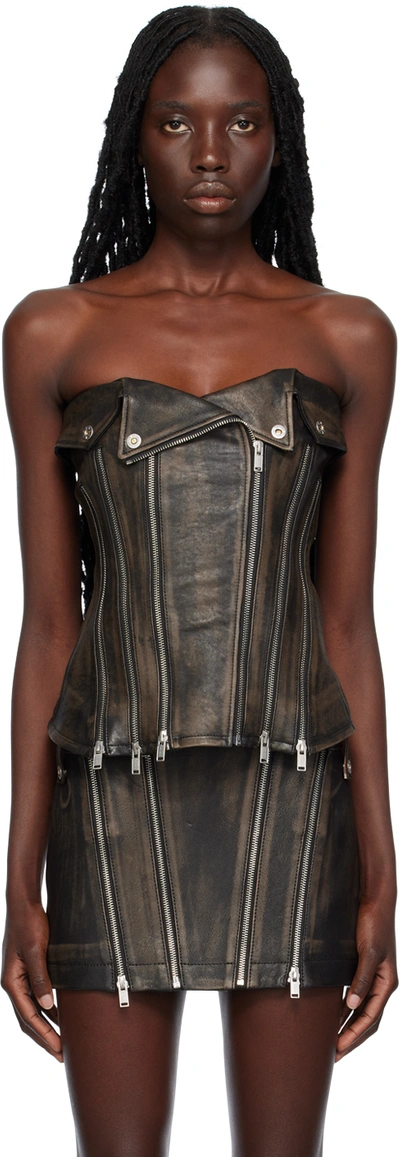 Dion Lee Black Zip Leather Tank Top In Burnished Black