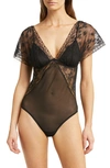 Wacoal Women's Lifted In Luxury Flutter-sleeve Lace Bodysuit 836333 In Black